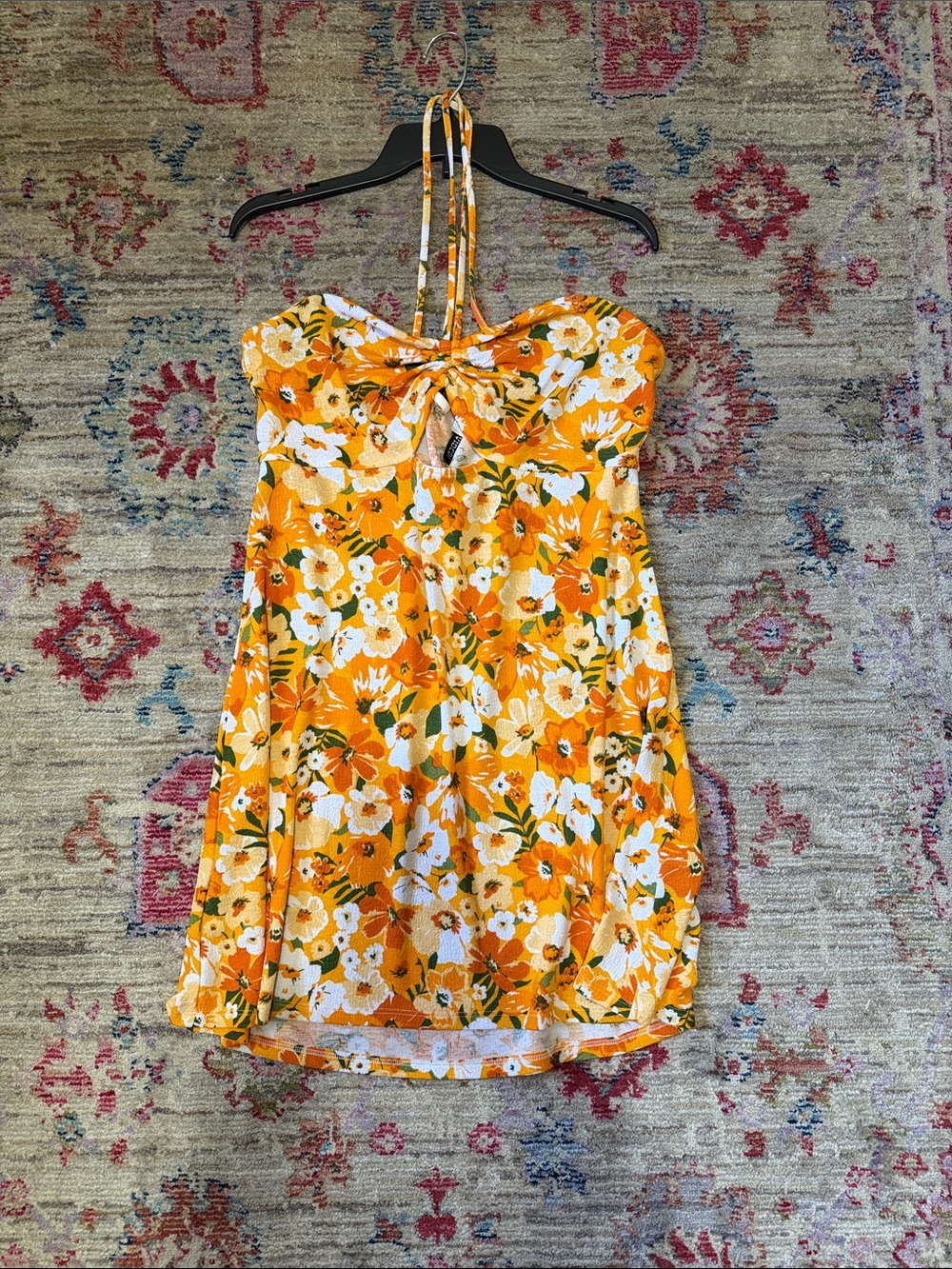 Divided Orange Floral Halter Mini Dress